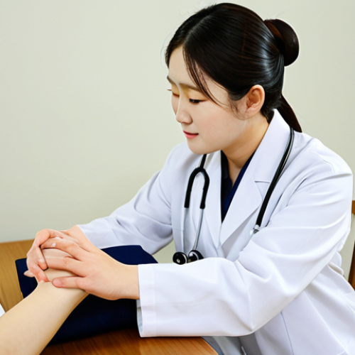 A professional Hanbang (Korean traditional medicine) doctor, wearing a modest, clean medical uniform, attentively performing a traditional pulse diagnosis on a fully clothed, calm female patient's wrist. The patient is dressed in appropriate, comfortable attire. They are in a serene, modern Hanbang clinic room with warm lighting, subtle herbal decor, and a peaceful atmosphere. The scene captures a moment of trust and focused care, emphasizing holistic healing. Perfect anatomy, correct proportions, natural pose, well-formed hands, proper finger count. safe for work, appropriate content, fully clothed, professional photography, high quality, professional, family-friendly.