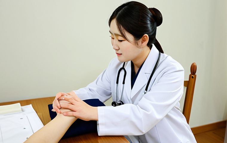 A professional Hanbang (Korean traditional medicine) doctor, wearing a modest, clean medical uniform, attentively performing a traditional pulse diagnosis on a fully clothed, calm female patient's wrist. The patient is dressed in appropriate, comfortable attire. They are in a serene, modern Hanbang clinic room with warm lighting, subtle herbal decor, and a peaceful atmosphere. The scene captures a moment of trust and focused care, emphasizing holistic healing. Perfect anatomy, correct proportions, natural pose, well-formed hands, proper finger count. safe for work, appropriate content, fully clothed, professional photography, high quality, professional, family-friendly.