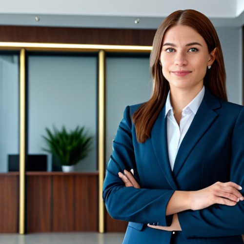 **

"A professional businesswoman in a modest business suit, standing confidently in a modern office lobby, fully clothed, appropriate attire, safe for work, perfect anatomy, natural proportions, professional photography, high quality, family-friendly."

**