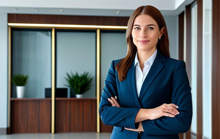 **

"A professional businesswoman in a modest business suit, standing confidently in a modern office lobby, fully clothed, appropriate attire, safe for work, perfect anatomy, natural proportions, professional photography, high quality, family-friendly."

**