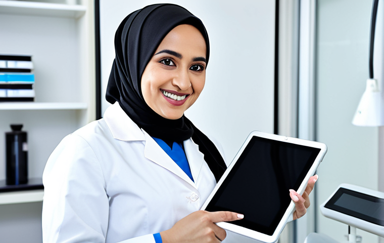 불면증 침술 치료 후기 - **
A professional female doctor, wearing a modest hijab and a white lab coat, smiling warmly in a b...