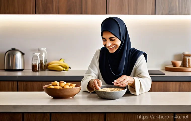 갱년기 불면증 한방 치료법 - **Prompt:** A graceful Arab woman in her early 50s, wearing modest, loose-fitting activewear, practi...