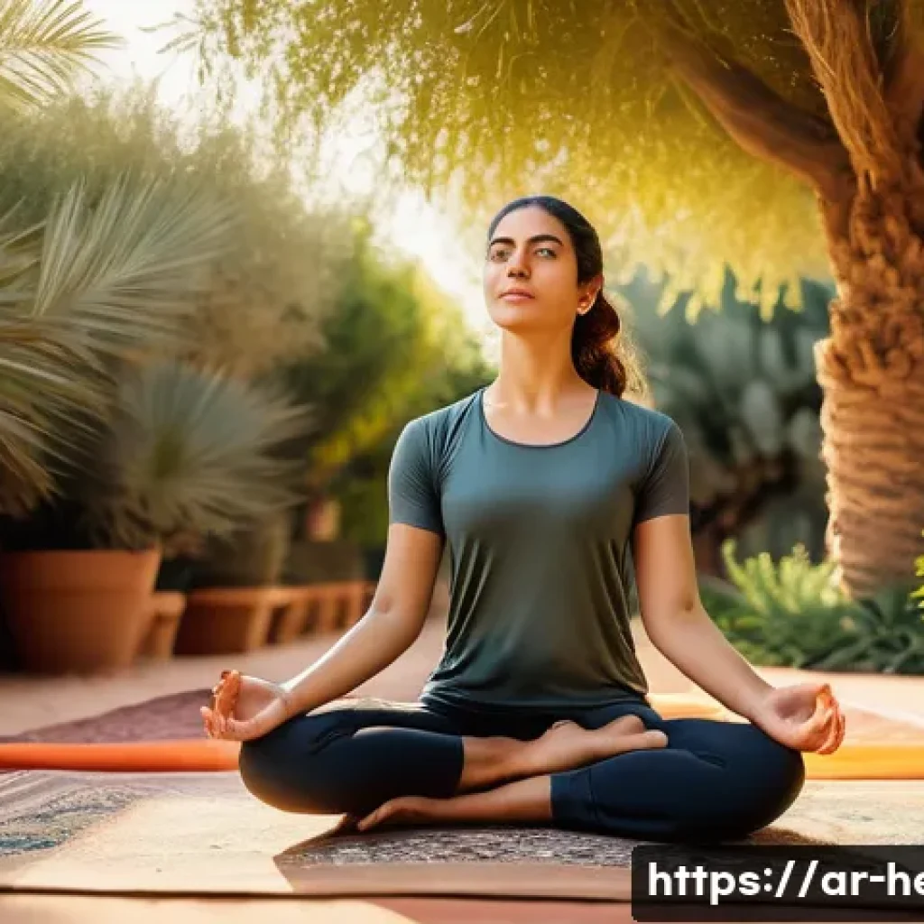 만성피로 증상 완화법 - A serene Middle Eastern woman wearing modest, comfortable activewear practicing gentle yoga outdoors...