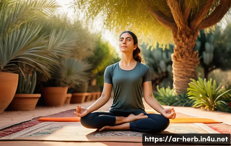 만성피로 증상 완화법 - A serene Middle Eastern woman wearing modest, comfortable activewear practicing gentle yoga outdoors...