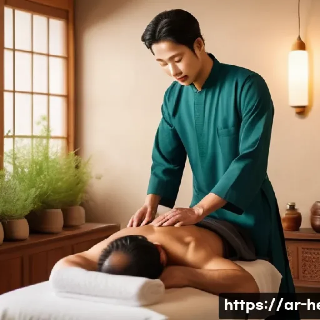 요통 한방치료 후기 - A serene Korean natural therapy clinic setting with an Arab male patient receiving a professional he...