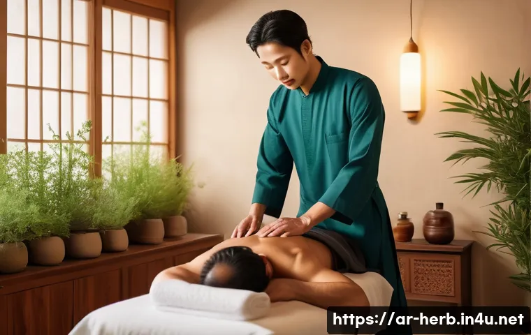 요통 한방치료 후기 - A serene Korean natural therapy clinic setting with an Arab male patient receiving a professional he...