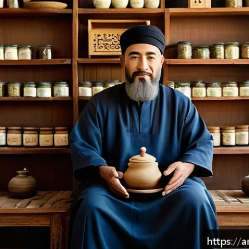 허리디스크 한방병원 치료 성공 사례 - A serene traditional Korean herbal medicine clinic scene featuring a middle-aged Arab man sitting co...