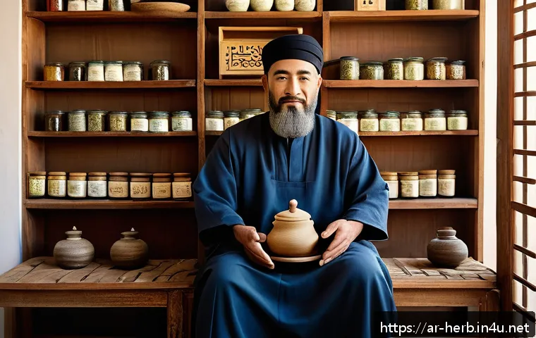 허리디스크 한방병원 치료 성공 사례 - A serene traditional Korean herbal medicine clinic scene featuring a middle-aged Arab man sitting co...