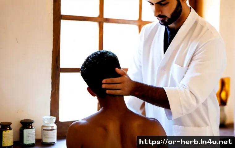 한방병원에서 치료 가능한 질환 - Photorealistic Middle Eastern traditional medicine clinic, an Arab male practitioner in a clean whit...