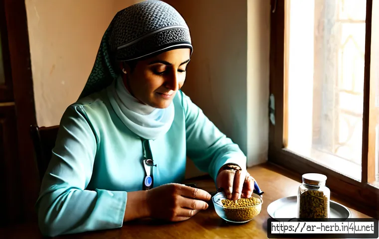 만성질환 관리와 한방치료 - Photorealistic Arab middle-aged woman managing a chronic health condition at home, seated at a sunli...